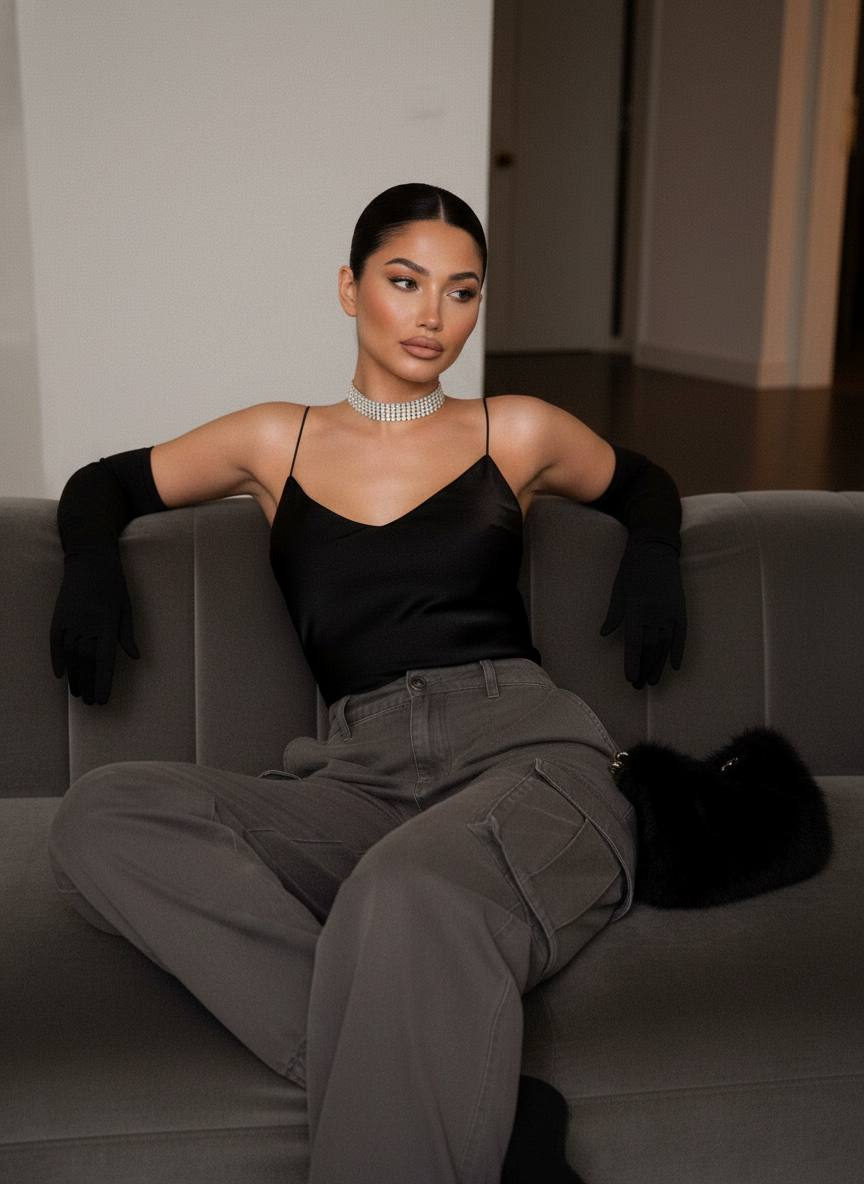 A woman in gray cargo pants and a fitted camisole, sitting on a low sofa, with long gloves and a crystal choker, looking dreamily away.