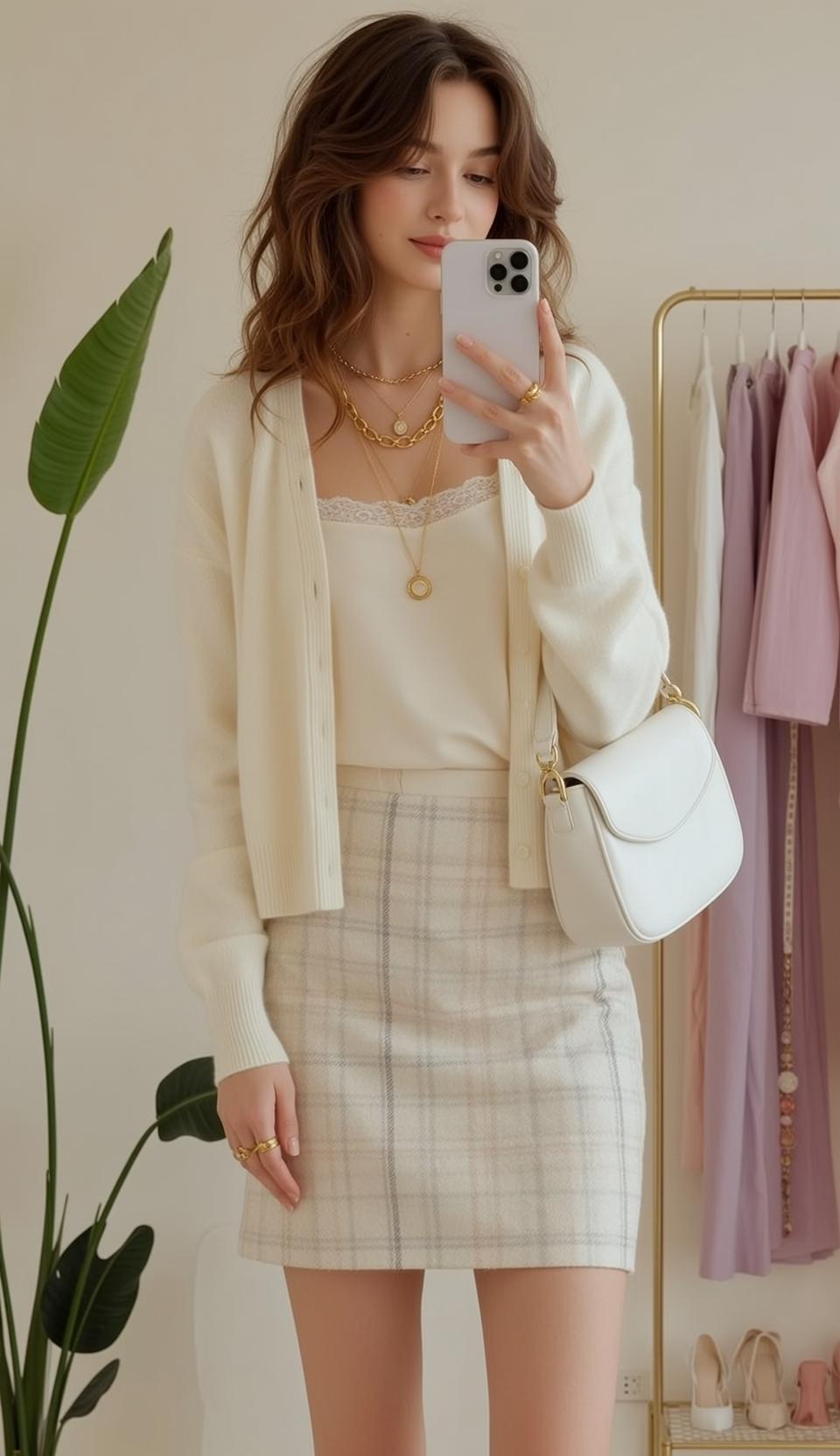 White Lace Camisole Plaid Skirt Selfie