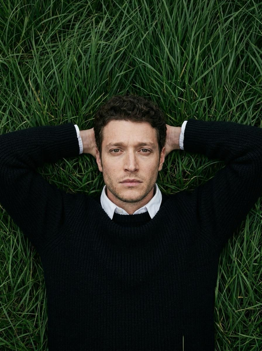 A man lying on his back in tall grass, wearing a deep black jumper and white shirt, gazing into the camera from a top-down view.