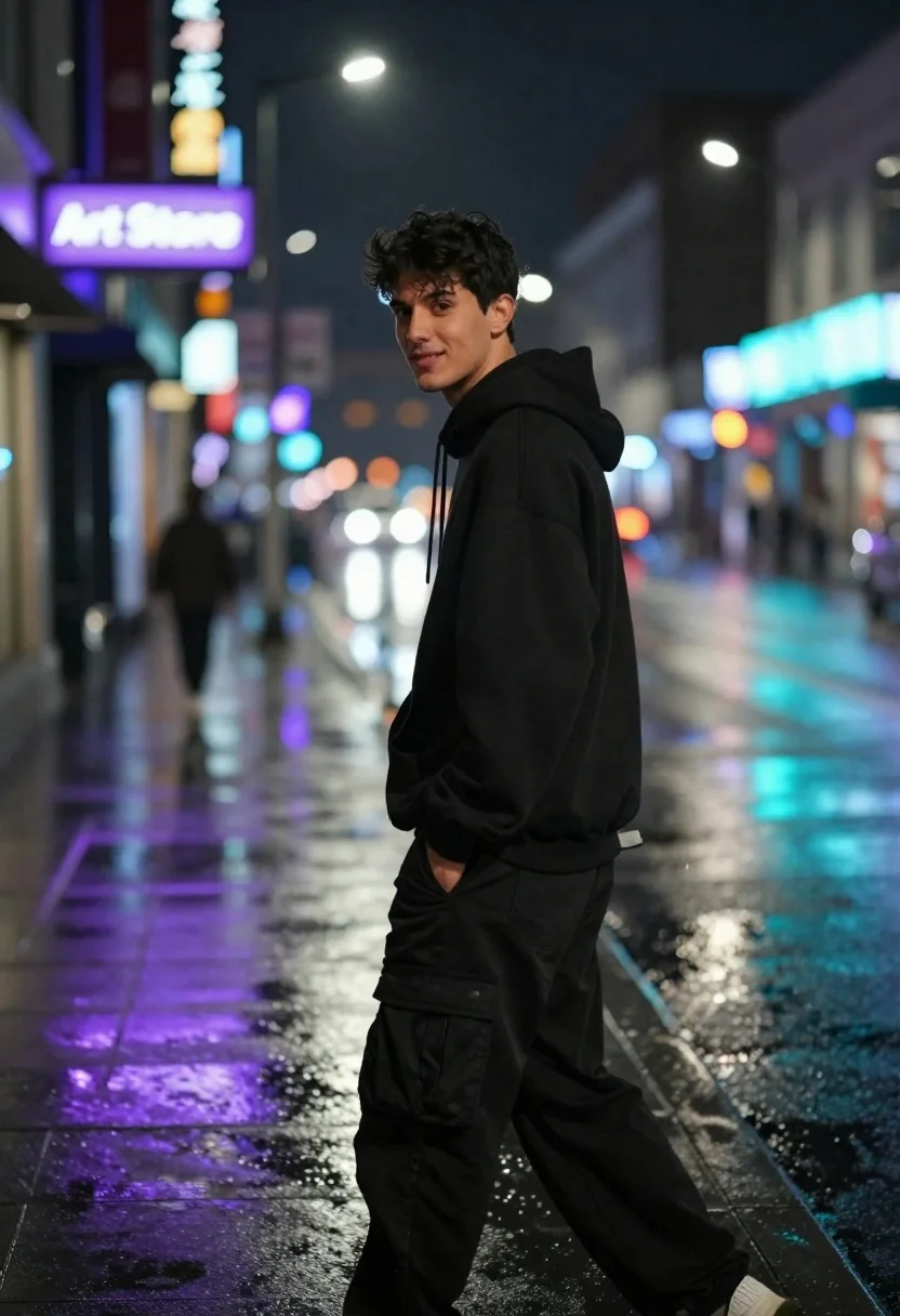 Young Man Stands Confidently The Middle Wet City Street Night