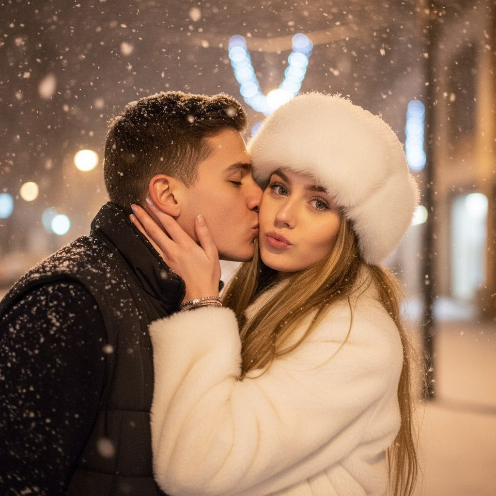 A couple sharing a intimate kiss in a snowy street, with vibrant city lights and a warm glow.