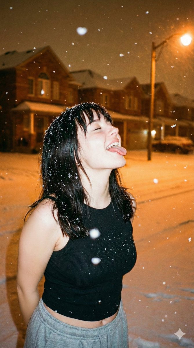 A young woman with fair skin and dark hair playfully sticking out her tongue to catch snowflakes in a snowy suburban street at night.