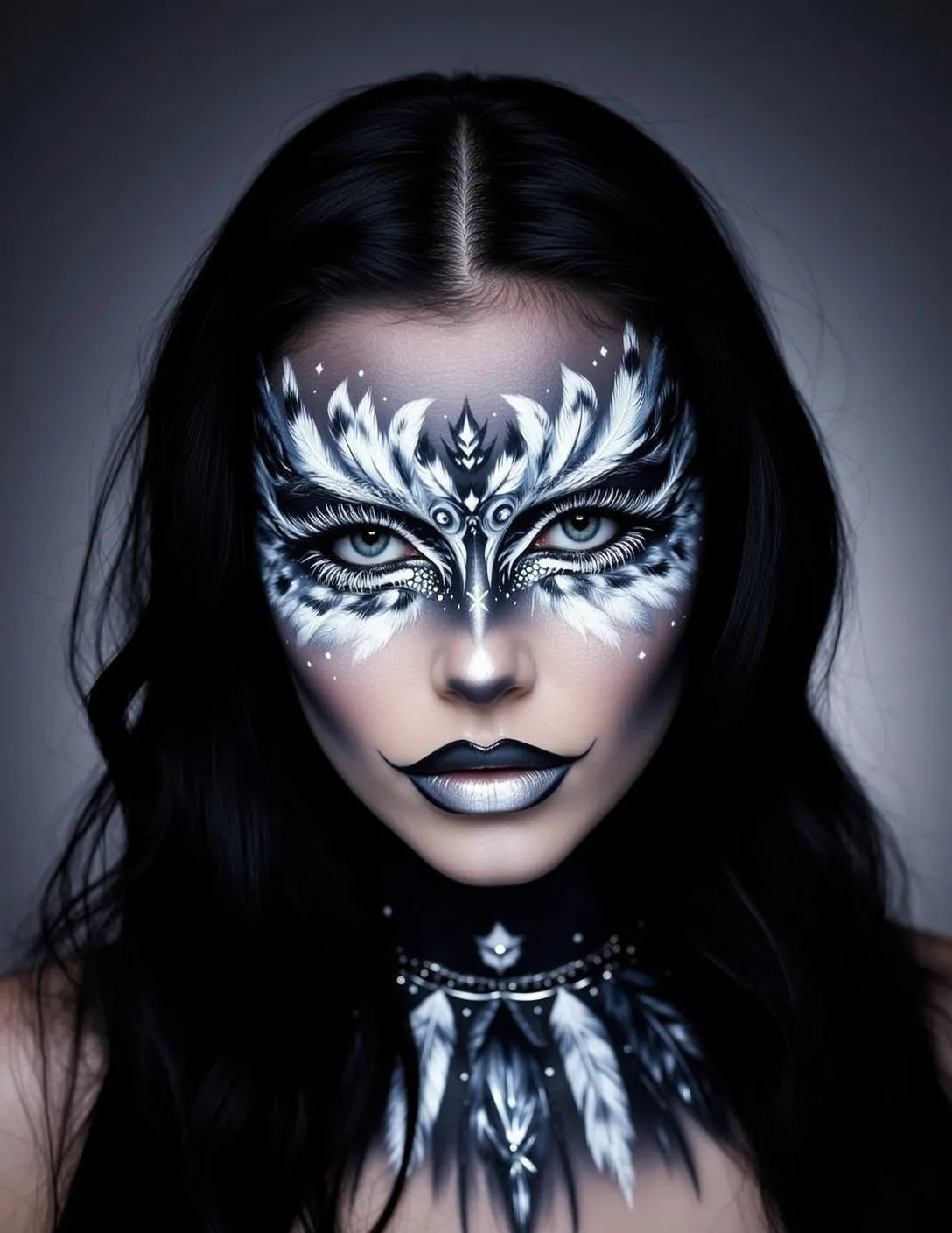 Halloween Makeup Intricate Owl-like Paint Long Wavy