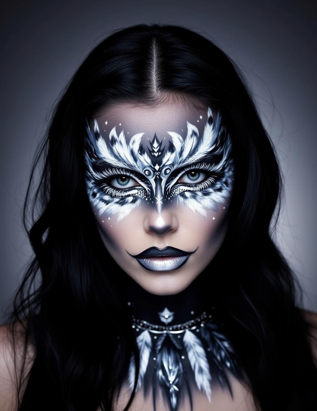 Halloween Makeup Intricate Owl-like Paint Long Wavy