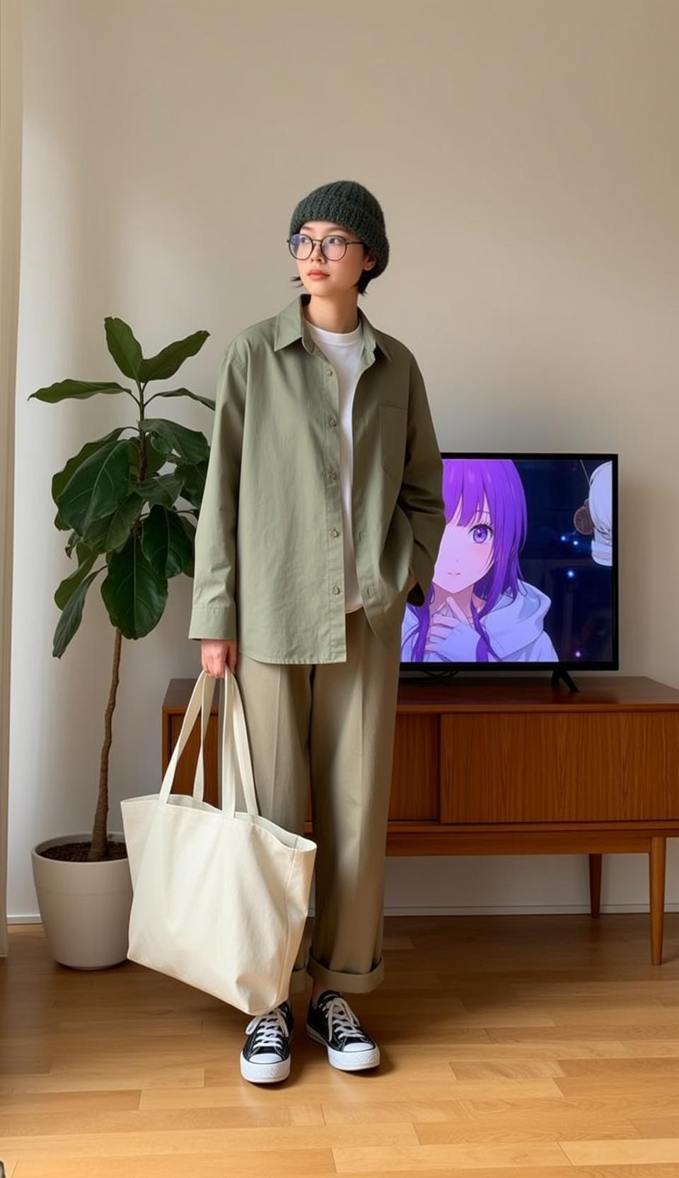 Green Shirt and Khaki Pants Indoors