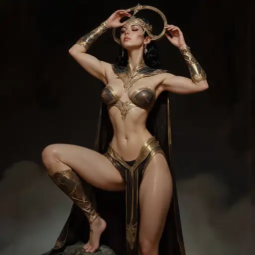 A captivating high priestess gracefully posing in intricate flowing fabrics with dramatic chiaroscuro lighting against a detailed temple backdrop.