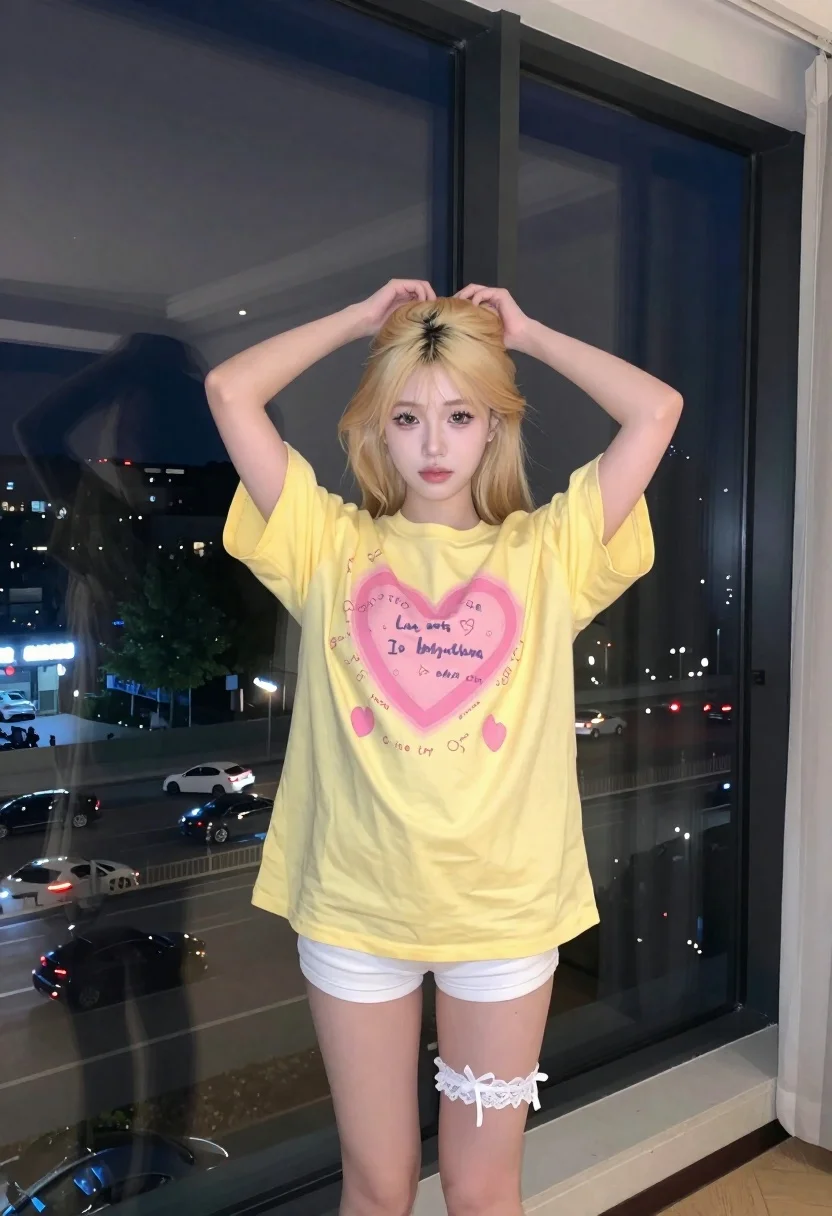 Young Woman With Blonde Hair Stands Indoors Front Large Window reference photo