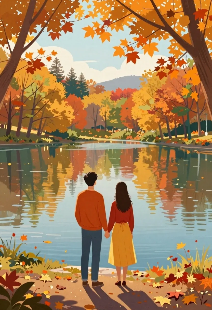 Digital Painting Romantic Autumn Scene The Edge Calm Lake Where reference photo
