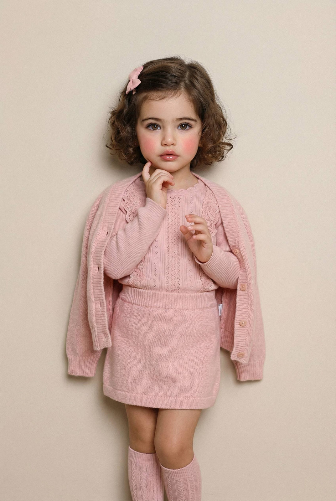 A young girl in a pastel pink knit outfit with lace detailing, posing gently against a light neutral wall.