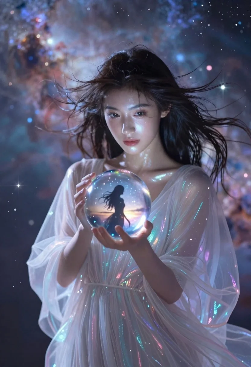 Young Woman With Dark Hair Floating Cosmic Nebula Holds Crystal