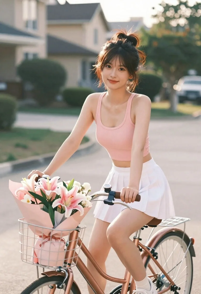 A young woman with dark hair in a messy bun sitting on a rose gold bicycle, holding the handlebars and smiling softly with a bouquet in the basket.