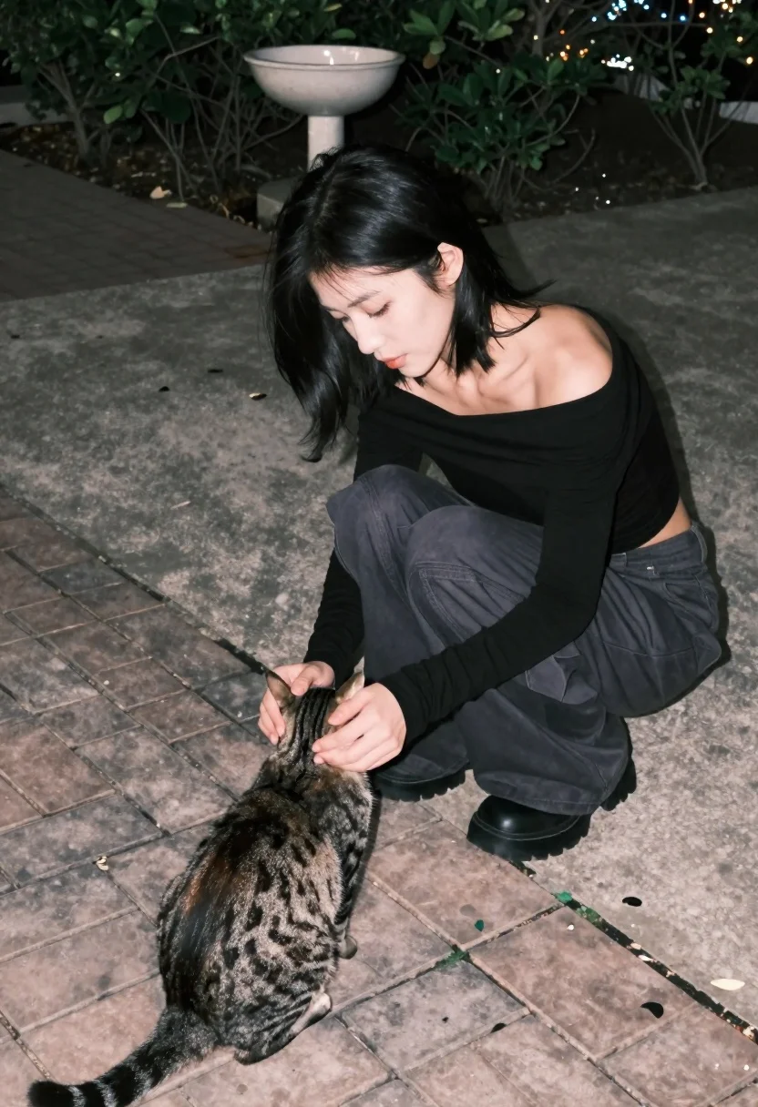 Young Woman With Black Hair Crouching Down Pet Cat Paved reference photo
