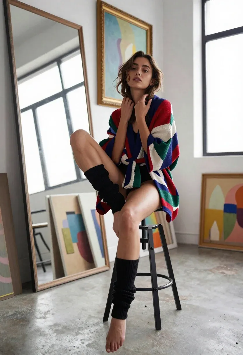 Woman Sits Confidently Stool Art Studio Surrounded Framed Paintings And