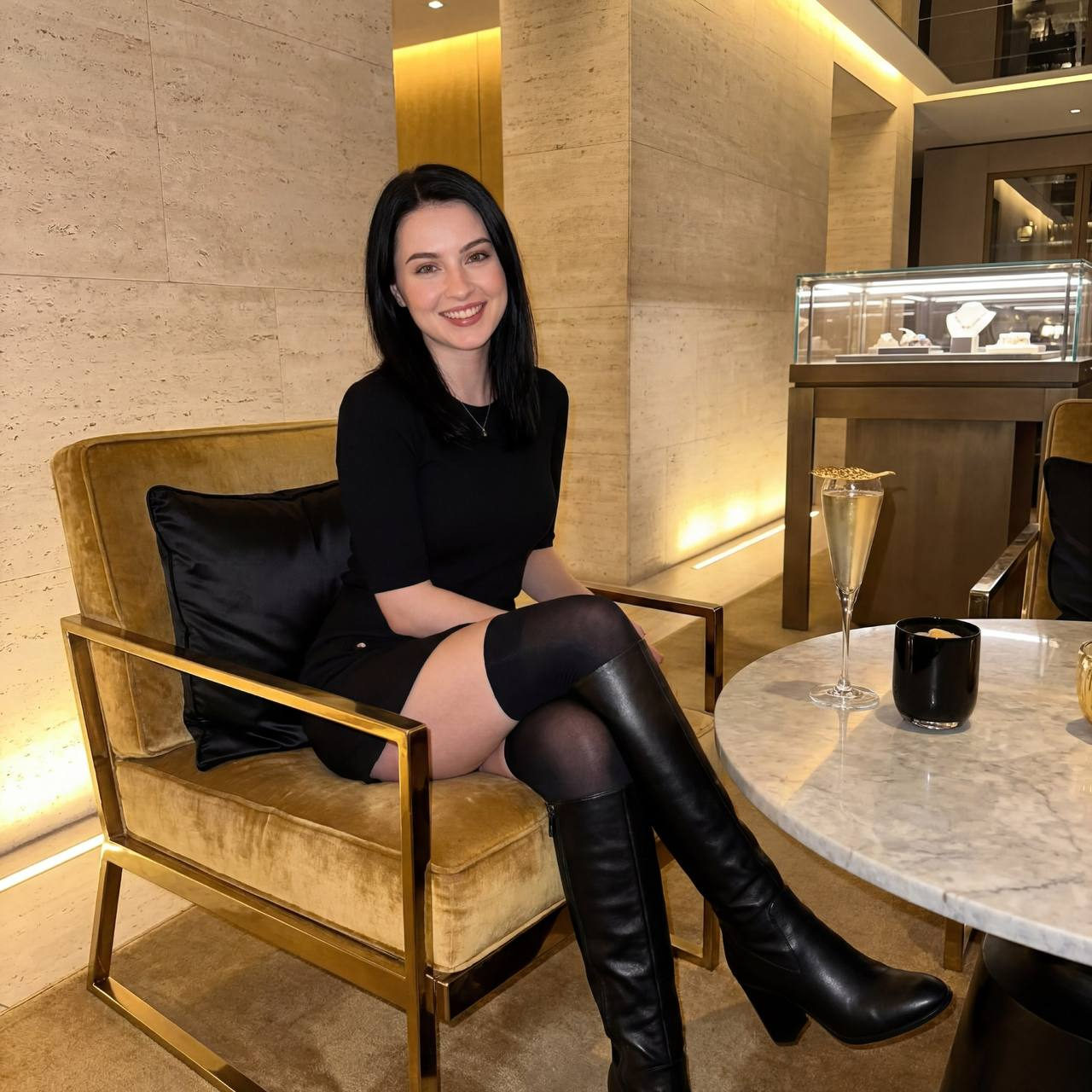 A stylish girl sitting in a golden chair, smiling with cocktails on a round table in a chic, modern restaurant.