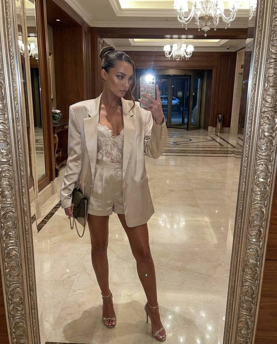 Girl taking a selfie in a large mirror at a luxurious hotel lobby, high bun hairstyle, and rhinestone phone case.