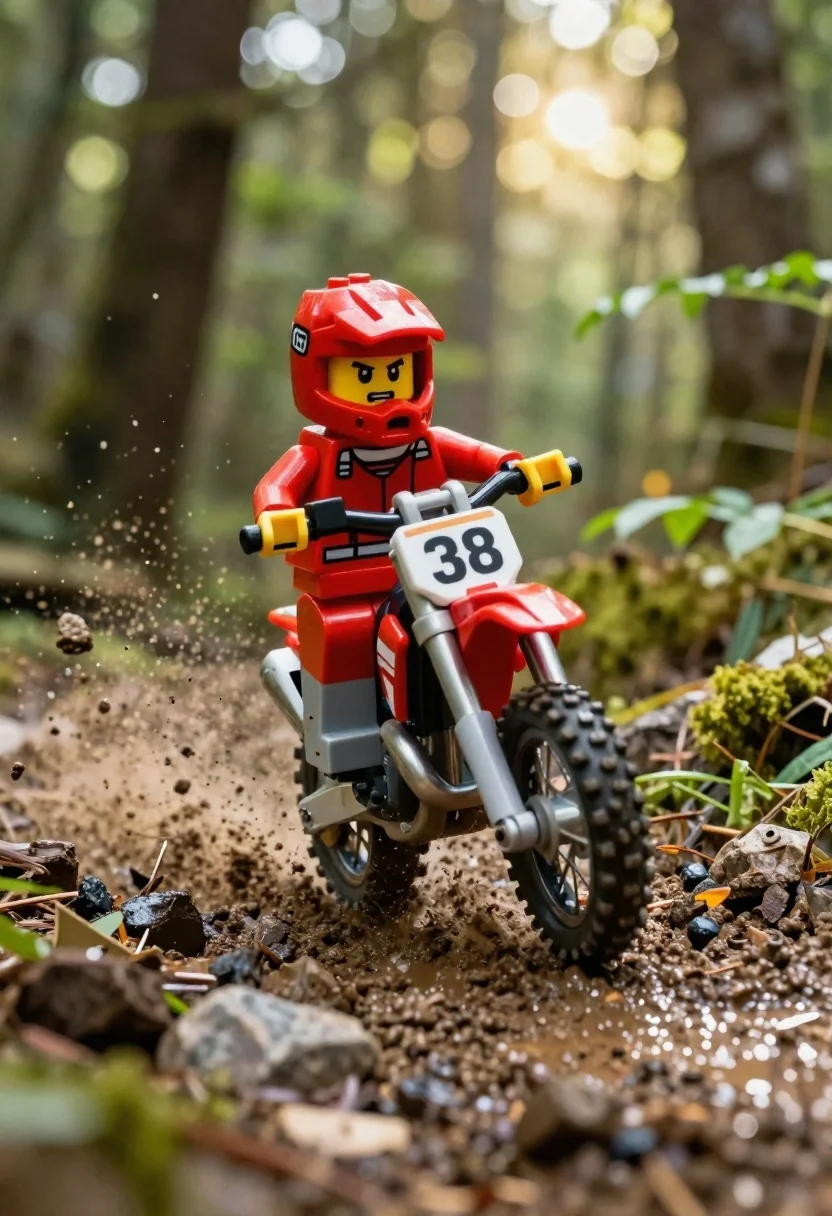 Dynamic Low-angle Shot Red Lego Minifigure Motocross Rider Speeding Through