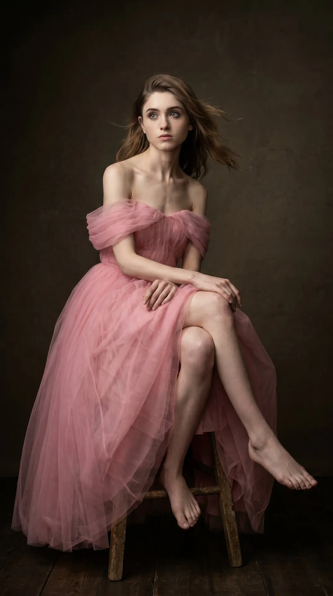 Pink Tulle Gown Rustic Stool Low Angle