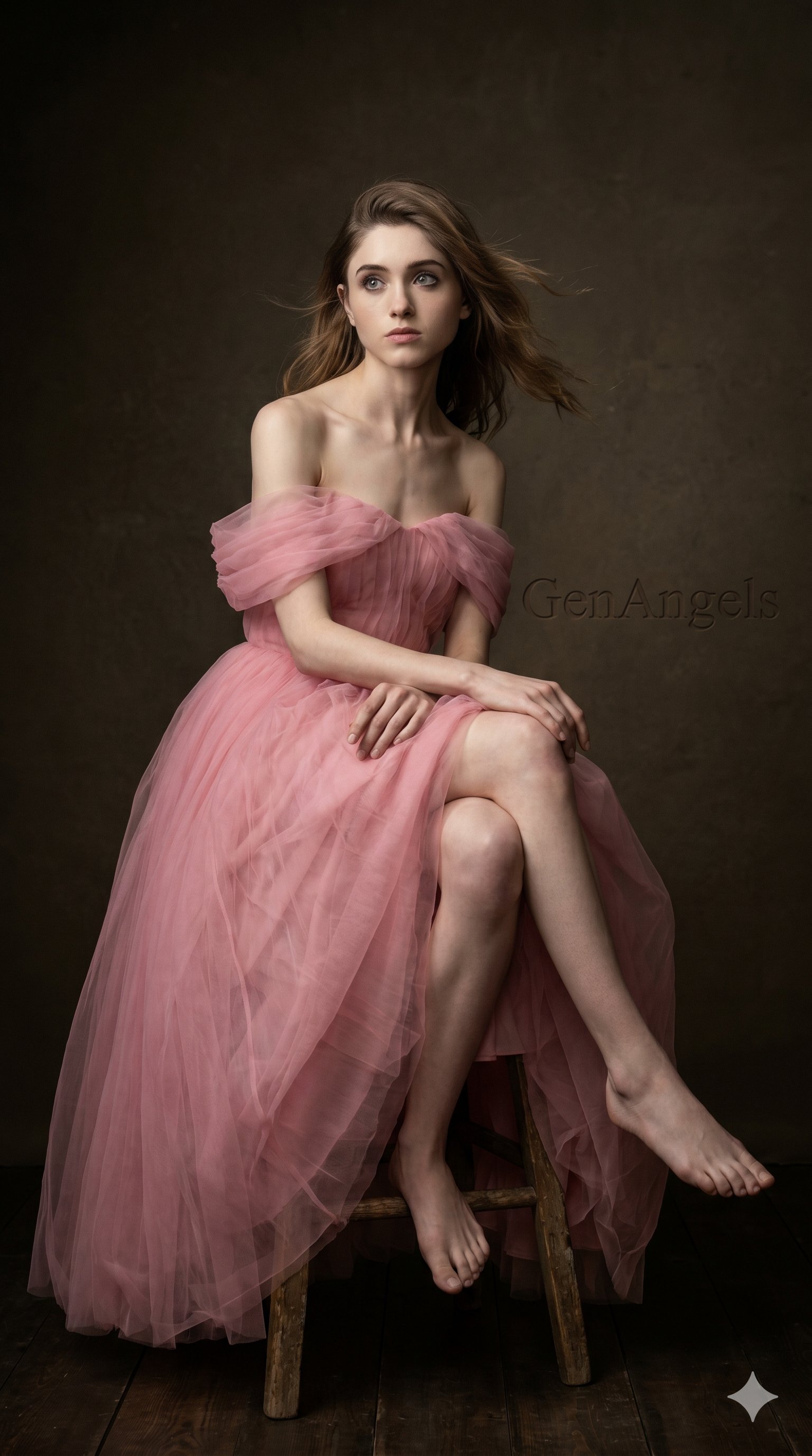 Pink Tulle Gown Rustic Stool Low Angle