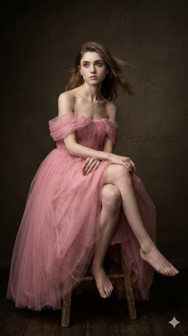 Pink Tulle Gown Rustic Stool Low Angle – A medium shot portrait captures the woman in the uploaded reference image (DO N