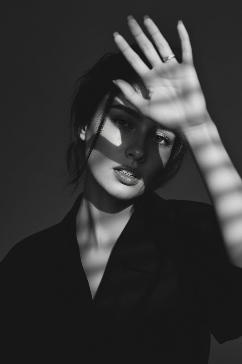 Black And White Medium Close-up Portrait Young Woman With Dark