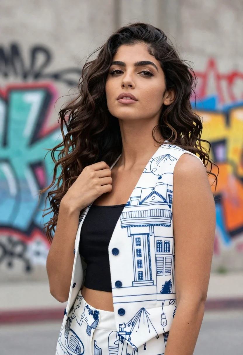 Confident Woman With Long Wavy Dark Hair Blowing The Wind reference photo