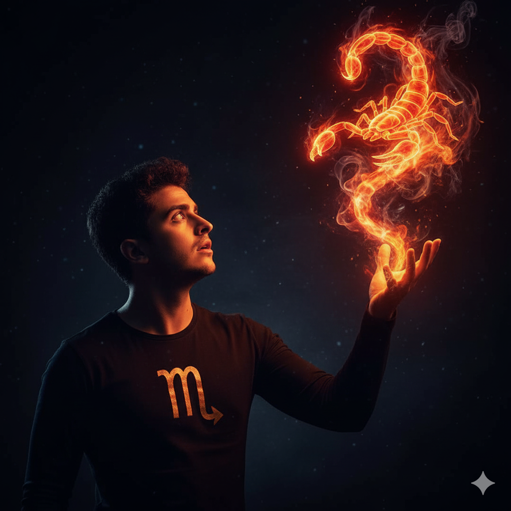 A dark fantasy portrait of a man in profile, with a glowing spirit creature emerging from his hand, wearing a black shirt with a scorpion symbol.