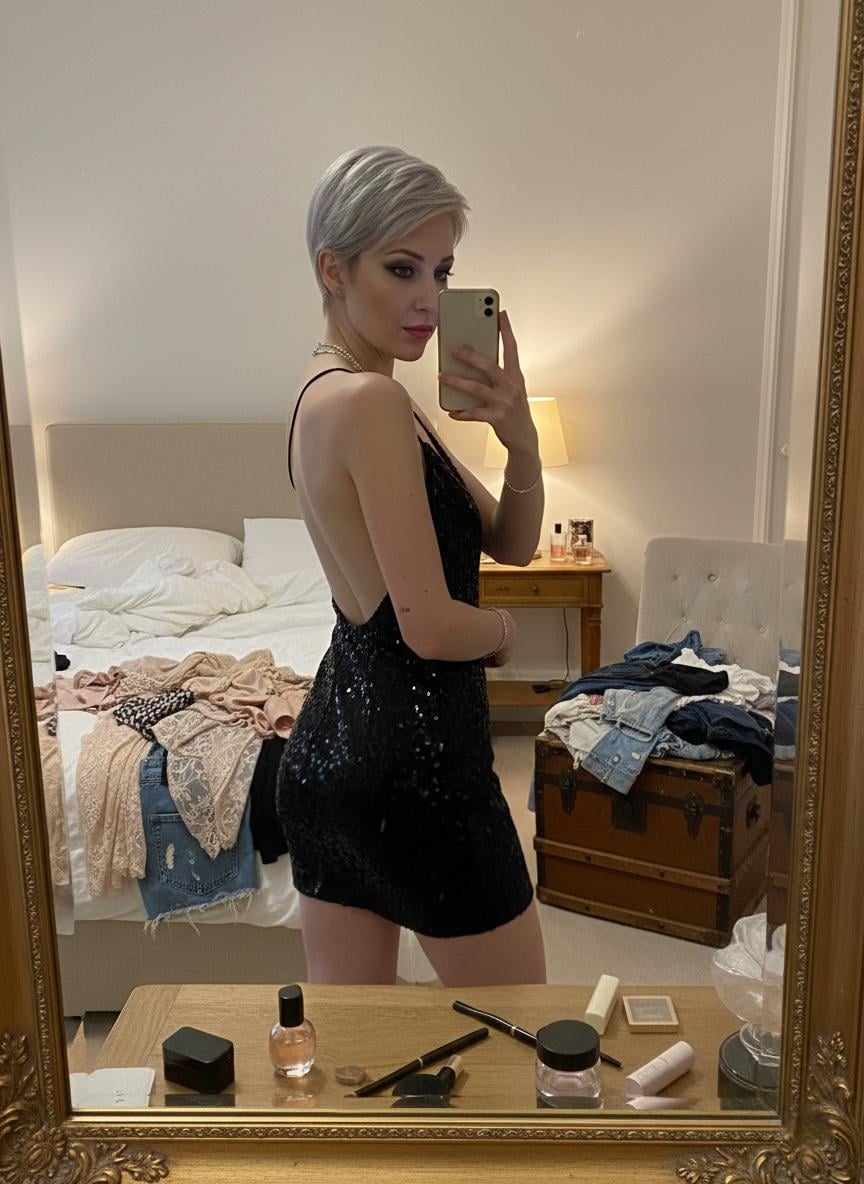 Sequined Mini Dress Mirror Selfie Bedroom
