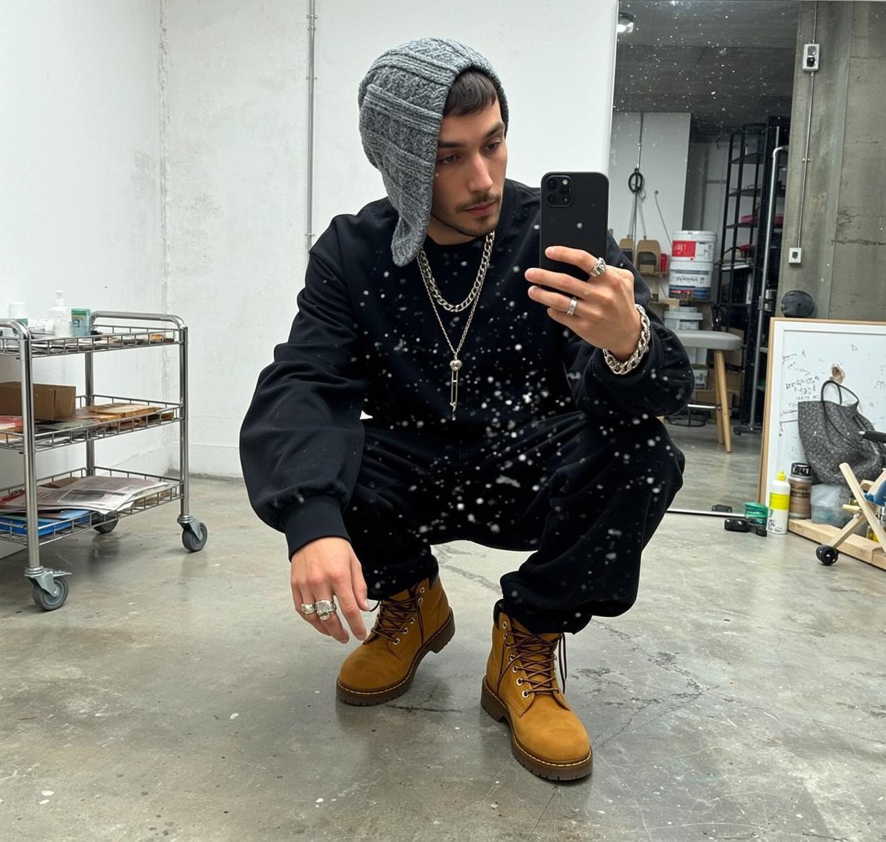 Explore Captured Low-angle Full-body Squatting Concrete Floor