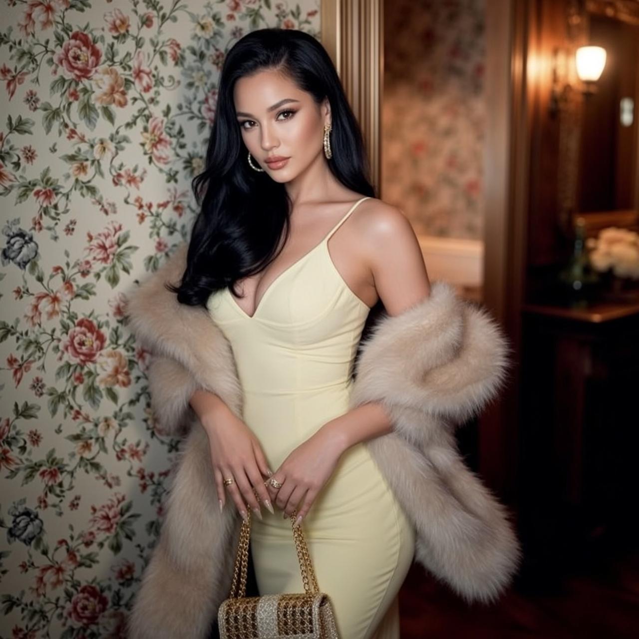 Yellow Slip Dress Fur Stole