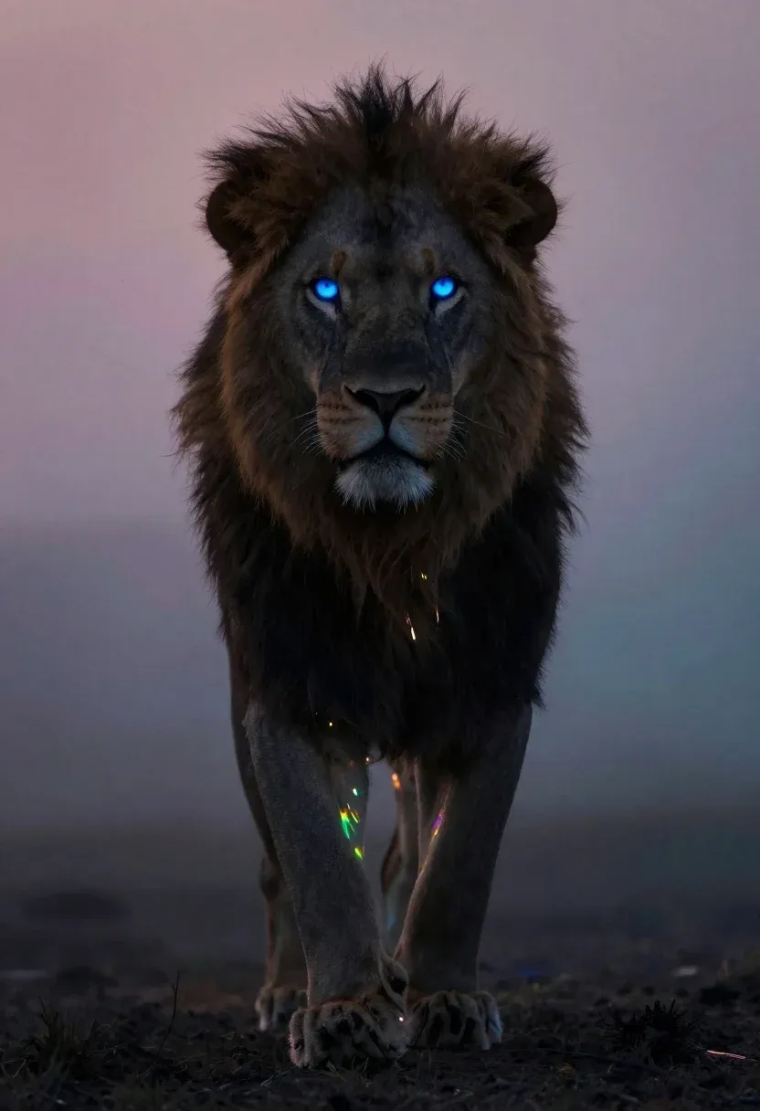 Cinematic Shot Massive Lion Standing The Foreground Against Misty Void