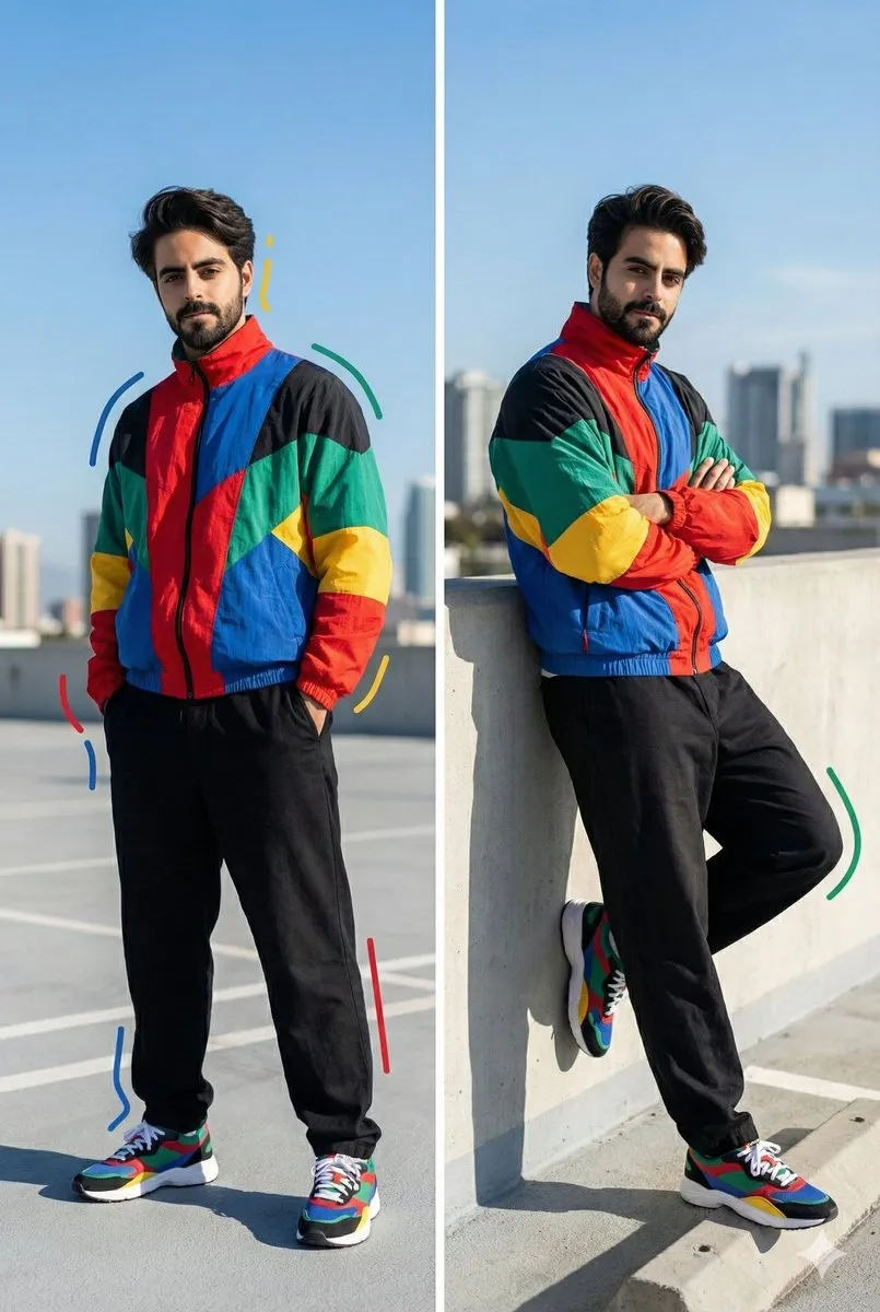 A full-body fashion portrait of a young man standing confidently on an open roof
