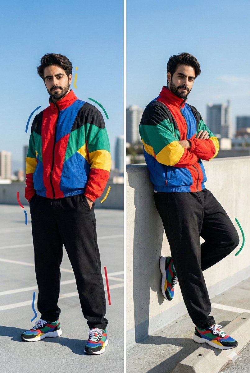 A stylish young man stands confidently on a rooftop, wearing a bold color-blocked zip-up jacket against a clear sky.