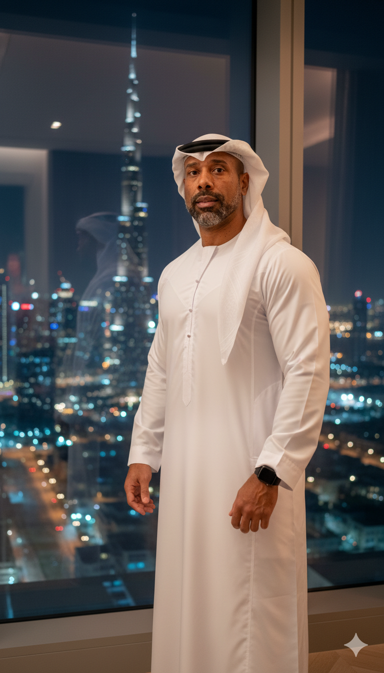 A hyper-realistic night portrait of a tall Black man in a white Kandura standing near a luxurious Dubai penthouse window with the Burj Khalifa behind him.