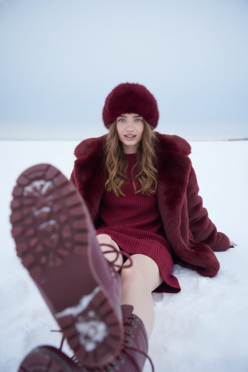 A woman reclining in fresh snow wearing a dark red faux-fur coat and matching knit mini dress, playful expression, foreground boot emphasized