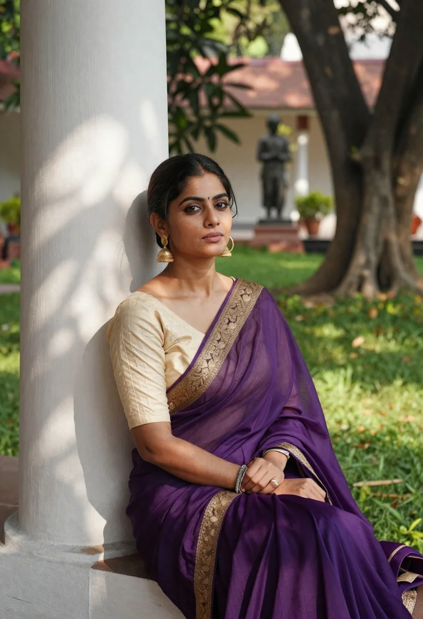 Woman Purple Saree With Gold Embroidery Sits Gracefully Against White reference photo