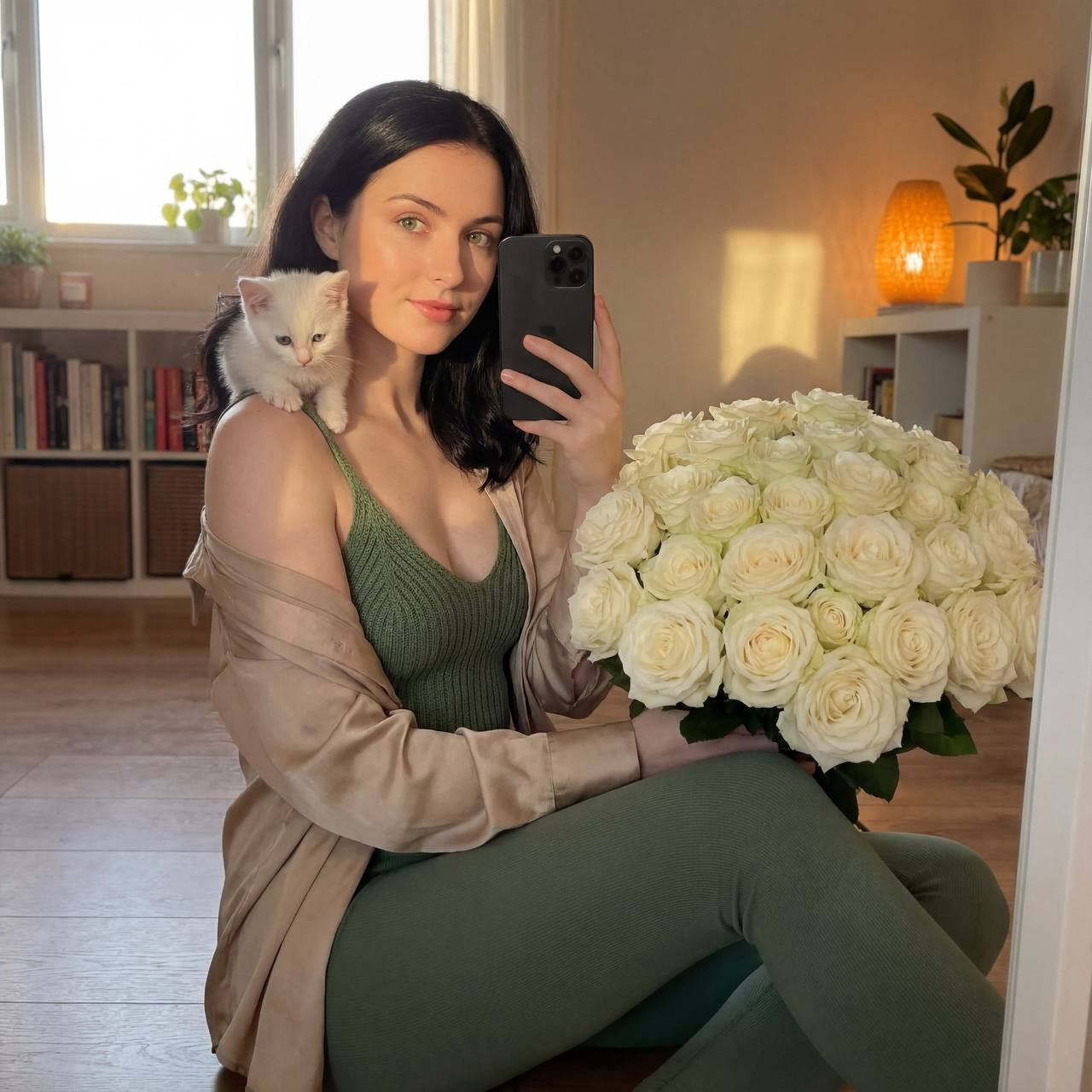 A woman taking a mirror selfie with a smartphone, dressed in green knitted attire, kitten on shoulder, surrounded by flowers and books.