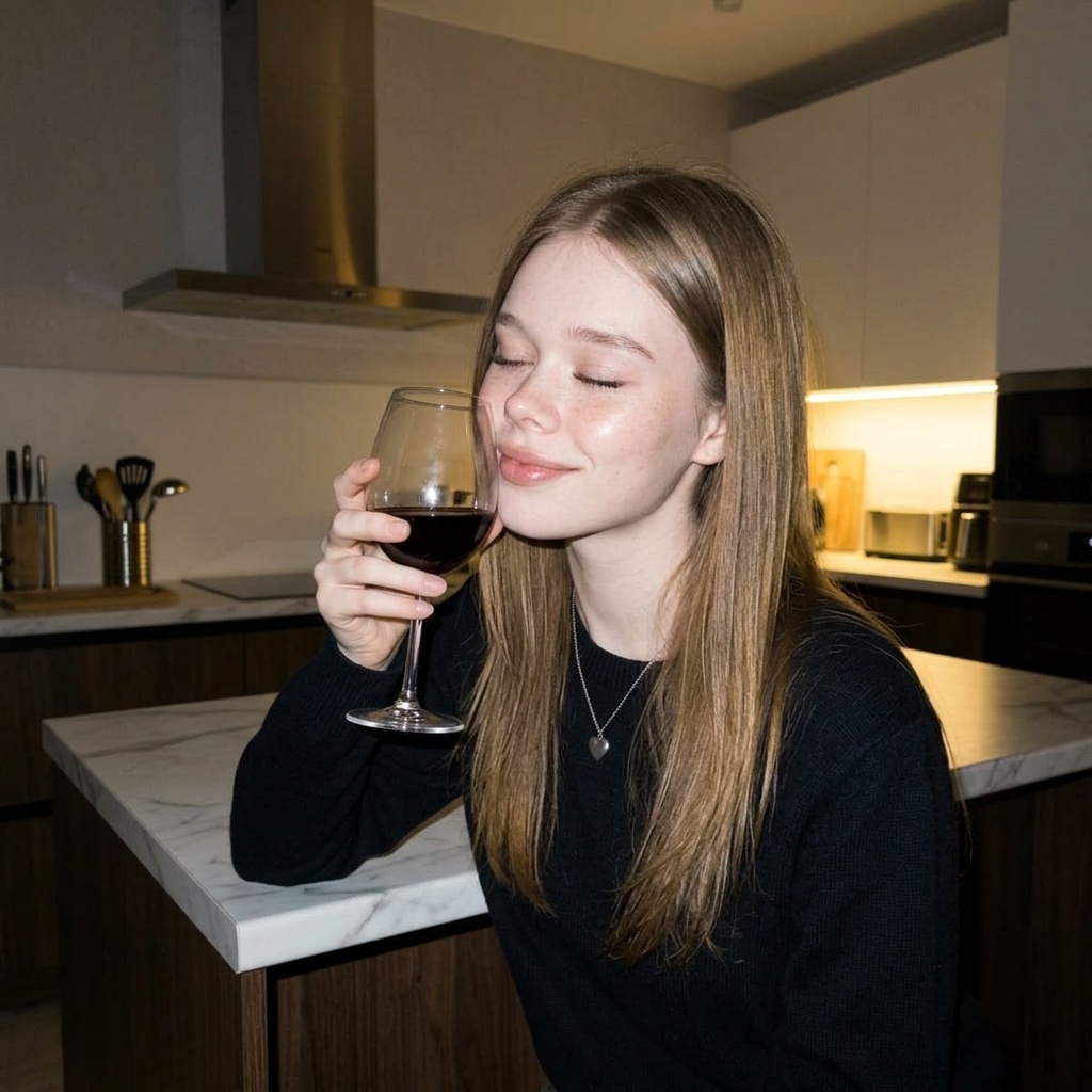 Girl Holding Wine Glass Kitchen Night Flash