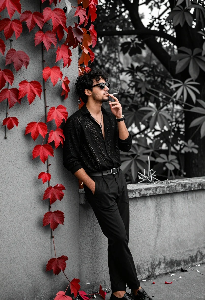Stylish Man Leaning Against Wall Covered Vibrant Red Leaves While