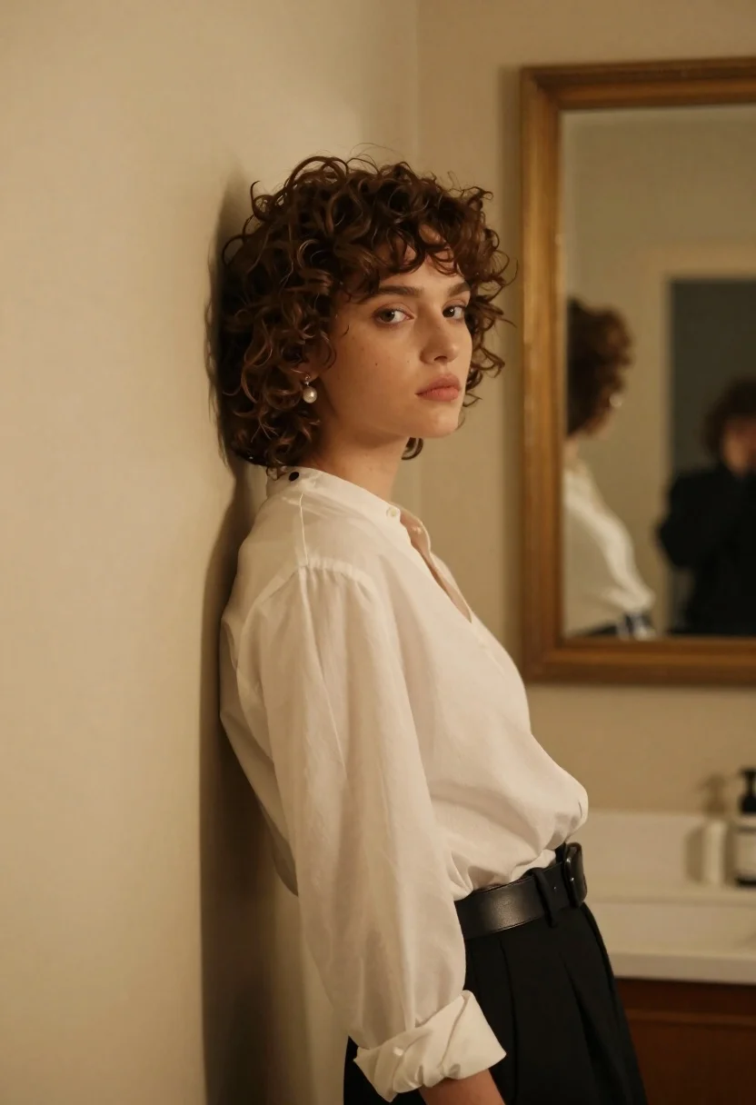 Woman With Short Curly Brown Hair Leans Against Wall Next reference photo