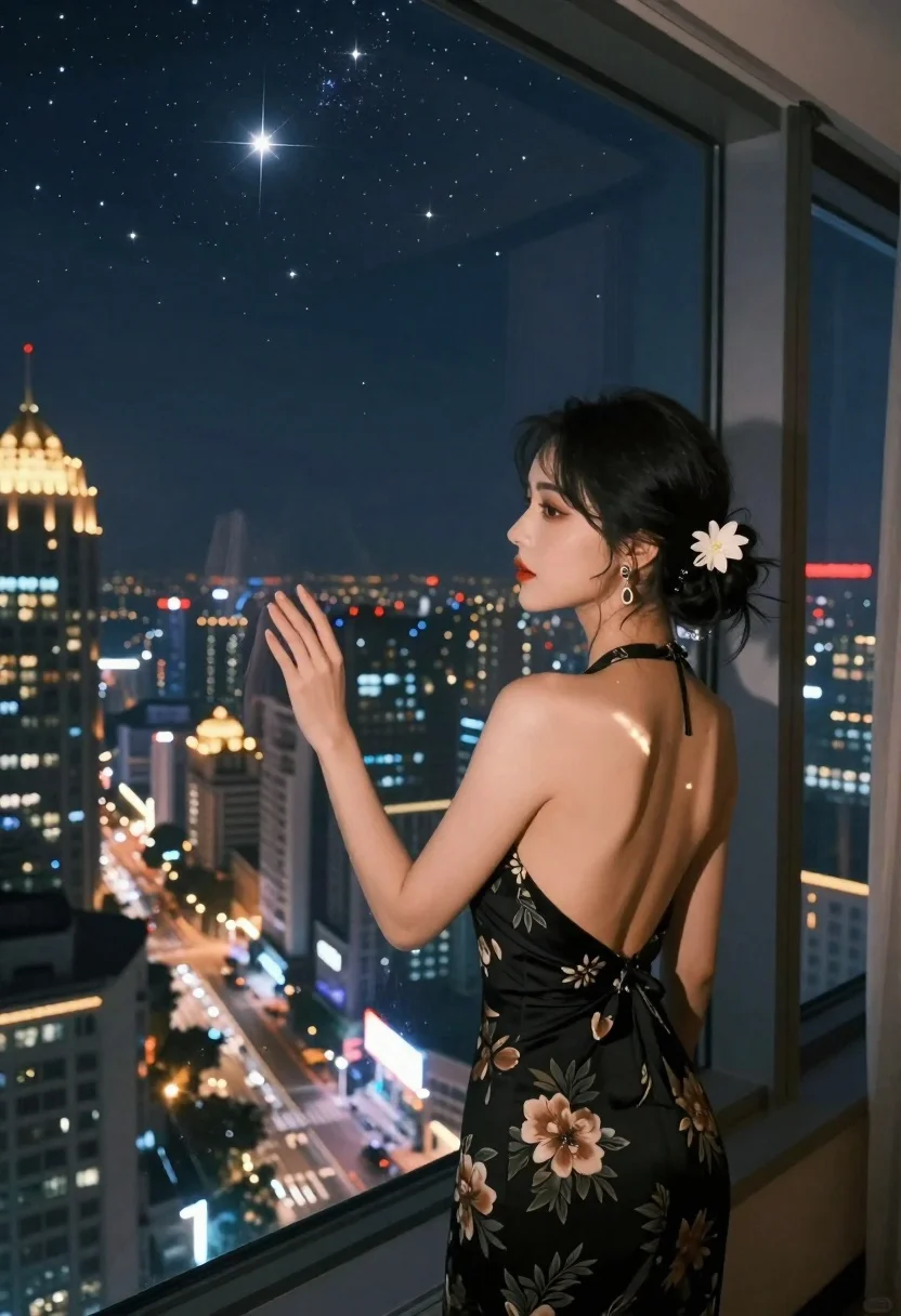 Nighttime Photograph Woman Standing High-rise Window Looking Out Starry City reference photo