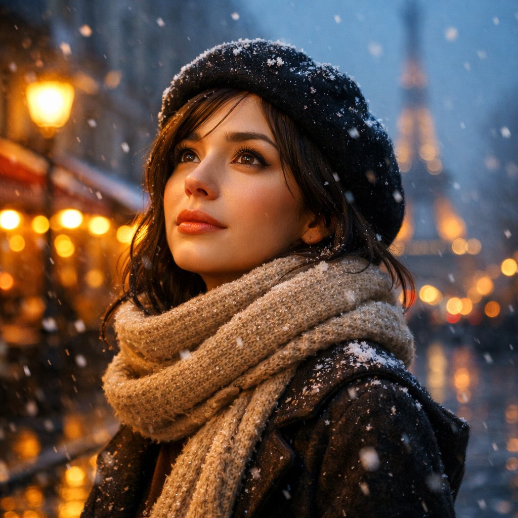 Young woman in a black winter coat and beige scarf standing in snowy Paris with the Eiffel Tower in a warm bokeh background.