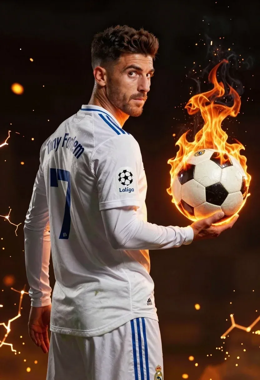 Digital Illustration Confident Male Soccer Player Profile Holding Flaming Ball
