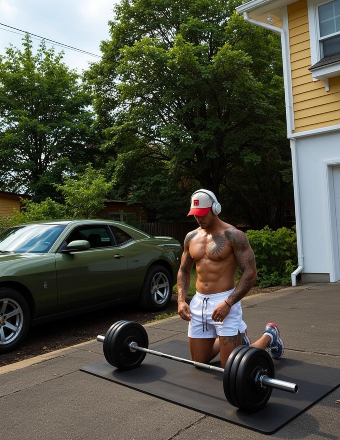 Muscular Tan White Athletic Shorts Headphones Tribal