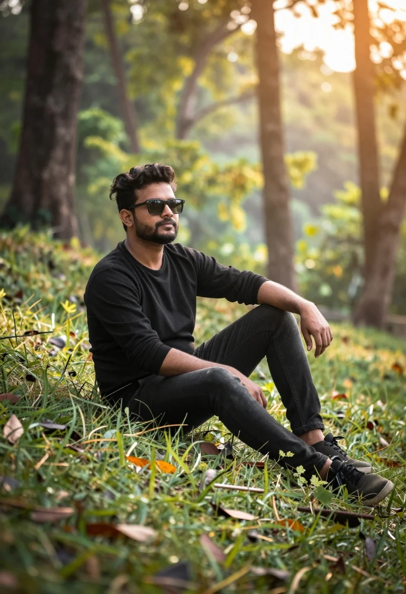 A man sitting casually on a grassy slope, surrounded by sunlit forest greenery, with soft lens flare.