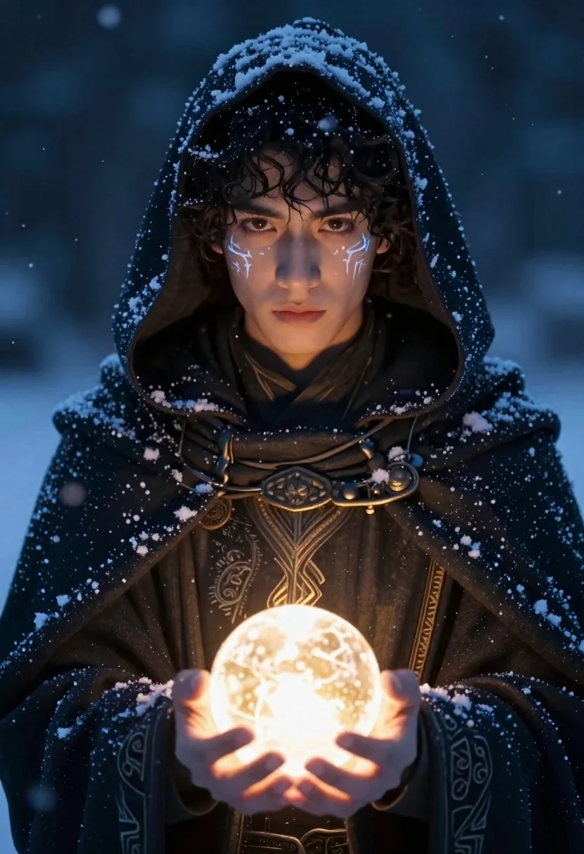 Young Man With Dark Curly Hair And Glowing Eyes Gazes