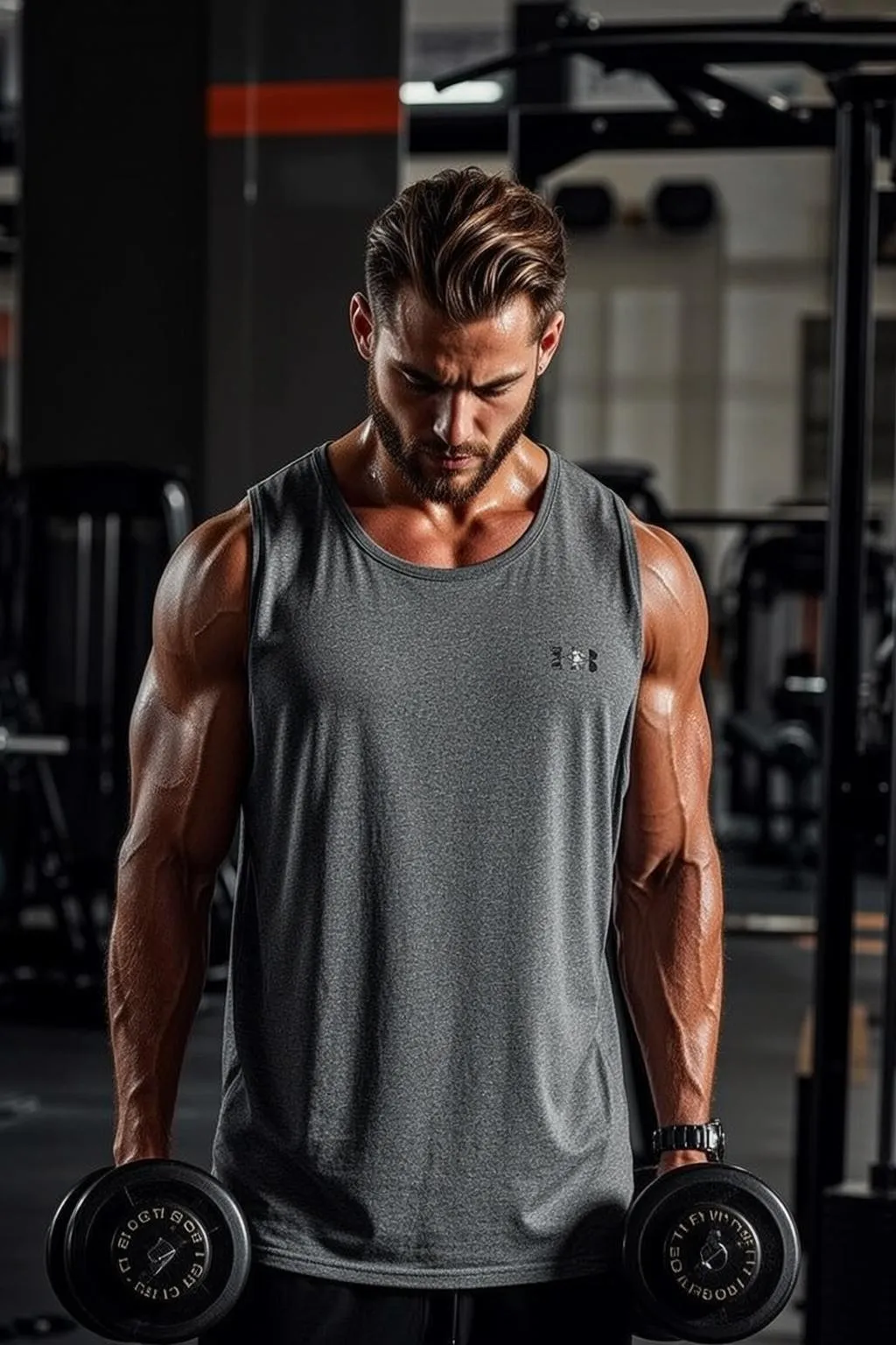 Muscular Brown Short Styled Tanned Grey Tank