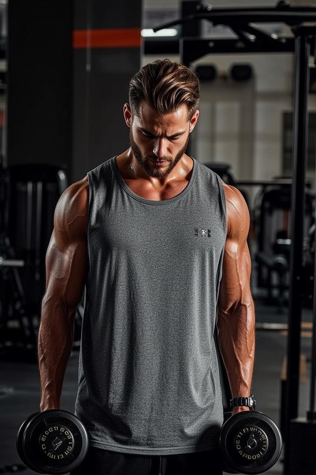 Muscular Brown Short Styled Tanned Grey Tank