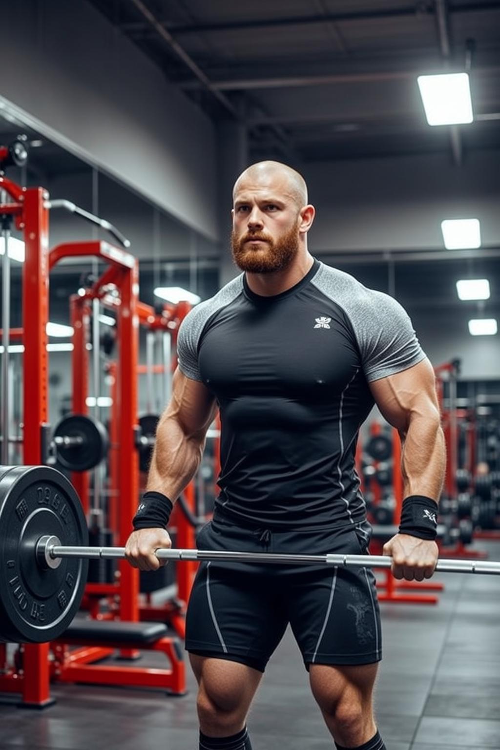 Muscular Bald Beard Fair Black T-shirt Grey