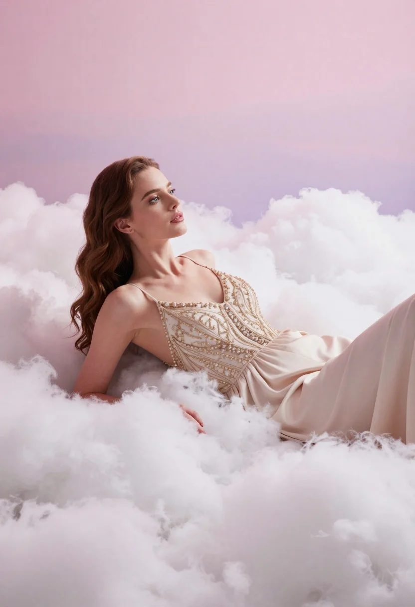 Woman Reclining Amidst Fluffy White Clouds Against Soft Pink Sky reference photo