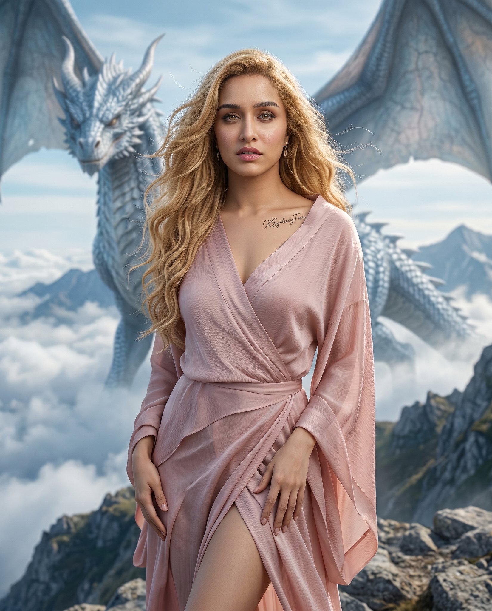 Aerial Silk Robes Gliding Over Mountain Clouds Golden Hour